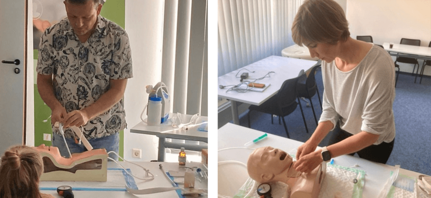Fachpersonal demonstriert logopädisches Know-how bei endoskopischer Schluckdiagnostik und Therapie.